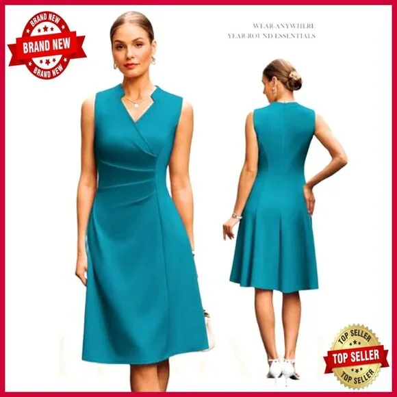 Sleeveless V Neck Midi Dress A Line Ruched Waist Business Elegant Chic - Picture 2 of 7